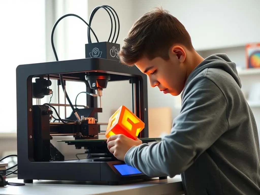 A student working on a 3D printing project at home, using a desktop 3D printer. The setting is a comfortable home office, highlighting the accessibility of online learning.