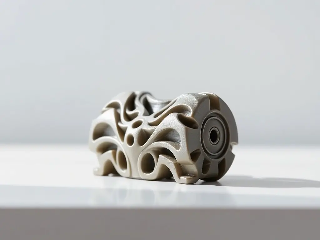 A close-up shot of a complex 3D printed object, showcasing the level of detail achievable through online courses. The object is well-lit and visually appealing.